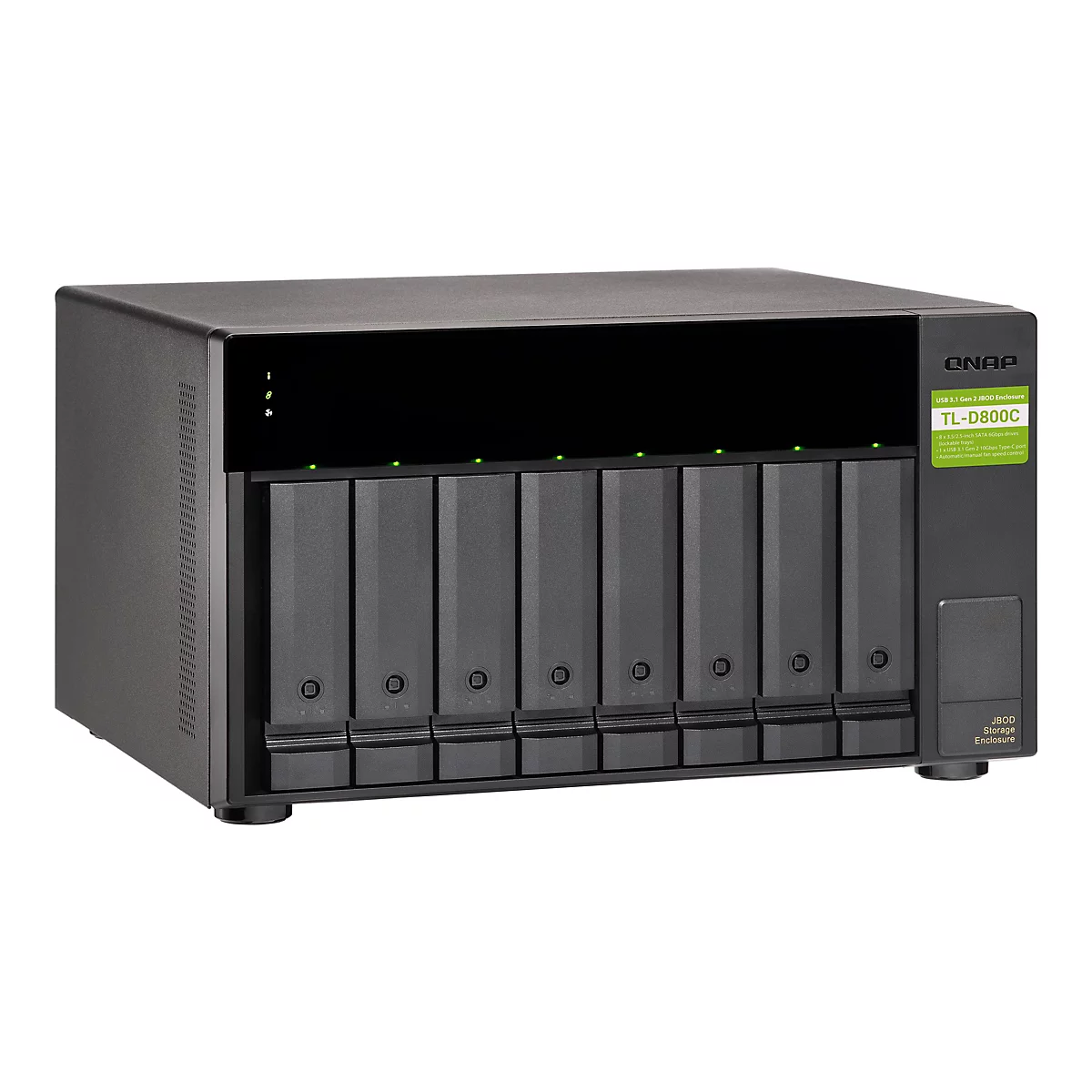 SystÃ¨me NAS QNAP TL-D800C noir. Huit baies de disques, voyants verts, logo.