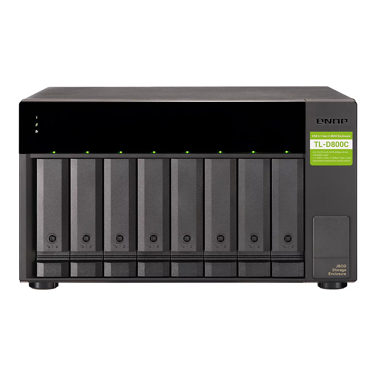 BoÃ®tier NAS QNAP noir avec huit baies, autocollant vert et voyants lumineux.