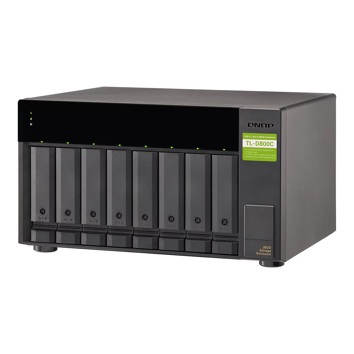 Un système de stockage QNAP noir avec huit baies pour disques durs. Des LED vertes illuminent l'avant.