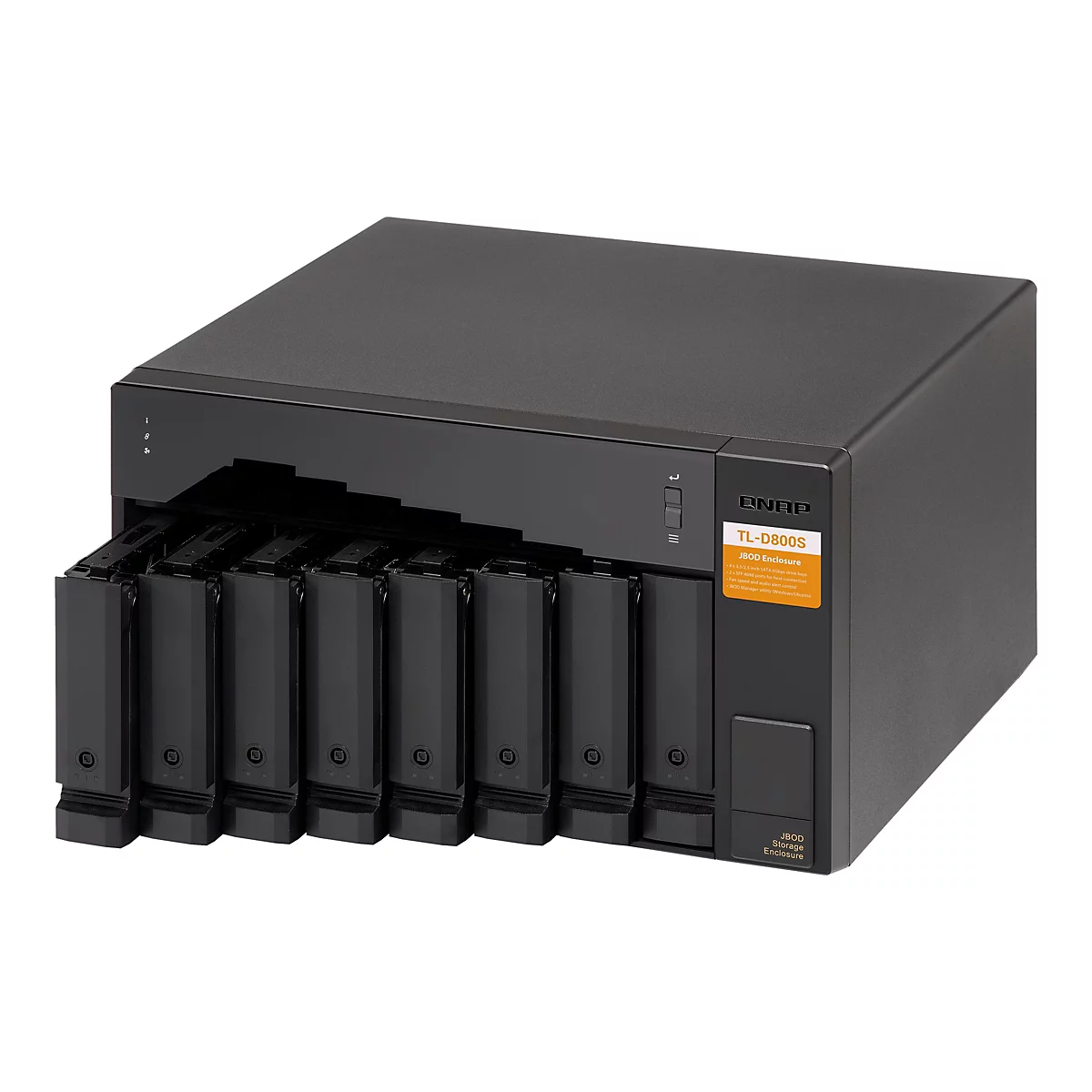 Un boîtier JBOD QNAP TL-D800S noir avec huit baies de disques durs, un logo et des détails techniques.