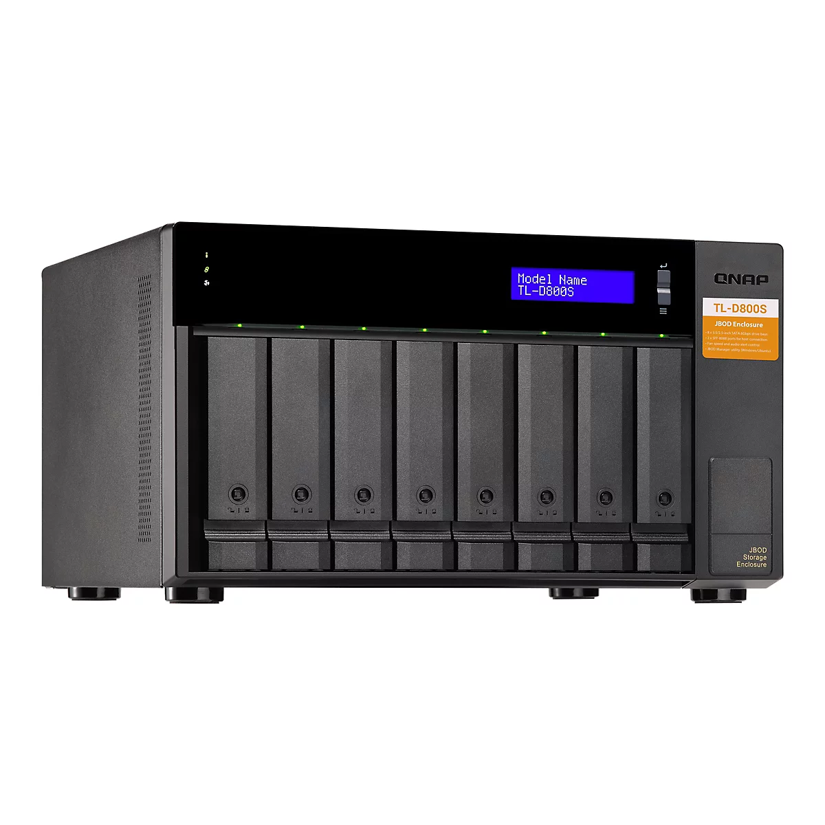 Un boîtier QNAP TL-D800S JBOD noir avec huit baies de disque. Un petit écran affiche le nom du modèle. Autocollants avec spécifications.