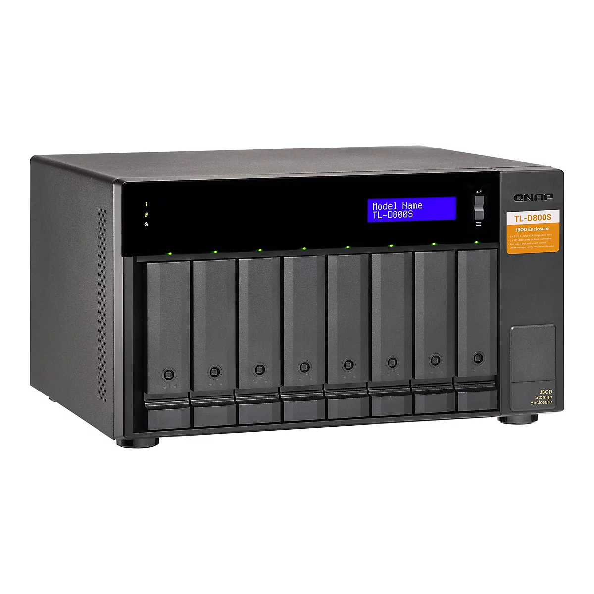 Un boîtier de stockage JBOD QNAP TL-D800S noir. L'appareil dispose de huit baies de disques et d'un écran bleu avec le nom du modèle.