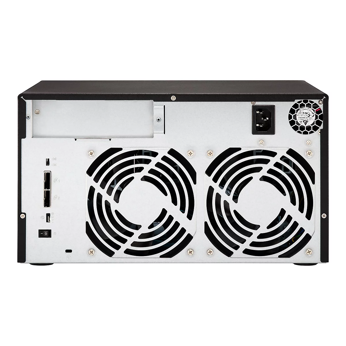 Vue arrière d'un serveur NAS noir avec deux ventilateurs, un connecteur d'alimentation, des ports et un interrupteur marche/arrêt.