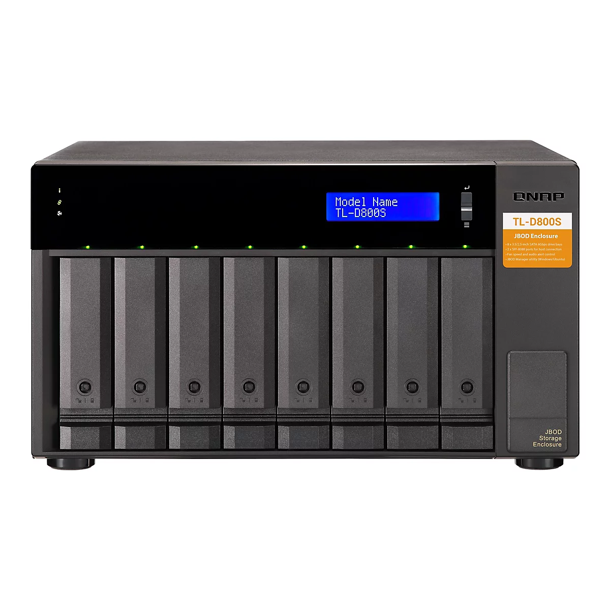 Schwarzes QNAP TL-D800S JBOD-Gehäuse, acht Schlitze für Festplatten mit LED-Anzeigen. Text: Modellname TL-D800S, JBOD-Gehäuse.