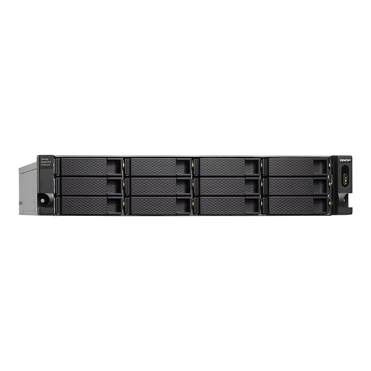 Un boîtier NAS QNAP noir avec plusieurs baies pour disques durs, sur fond blanc. Sur le côté gauche, il est écrit "Storage Expansion Enclosure".