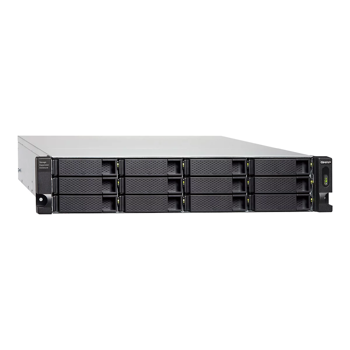 Ein Server-Rack mit mehreren Einschüben. Auf der linken Seite steht "Storage Expansion Enclosure". Auf der rechten Seite ist das QNAP-Logo.