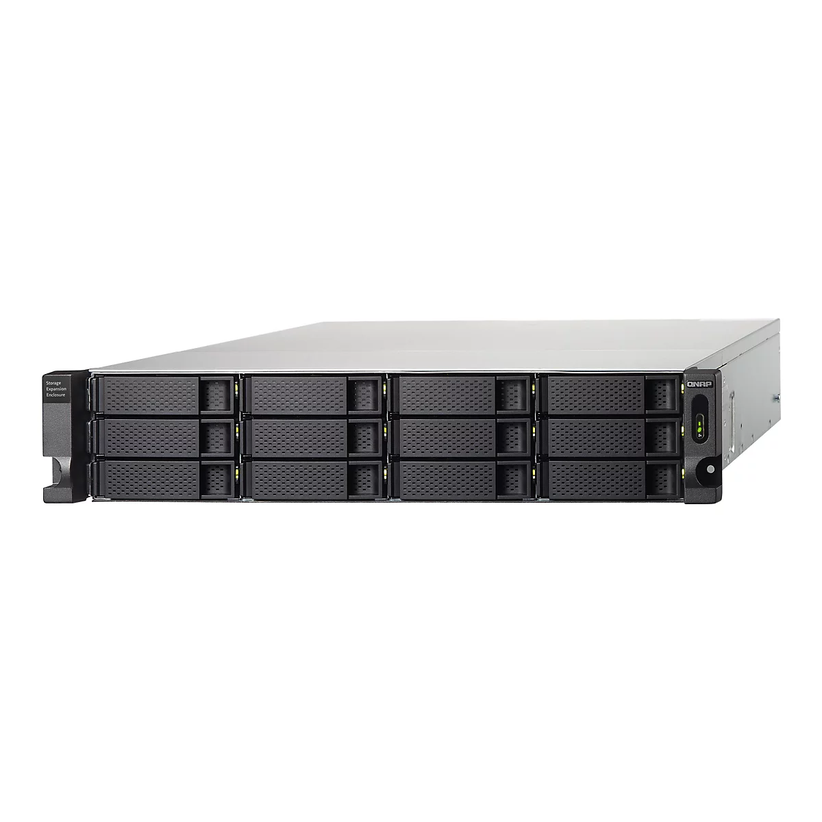 Ein grauer NAS-Server vor weißem Hintergrund. Das Gerät hat mehrere Einschübe für Festplatten.