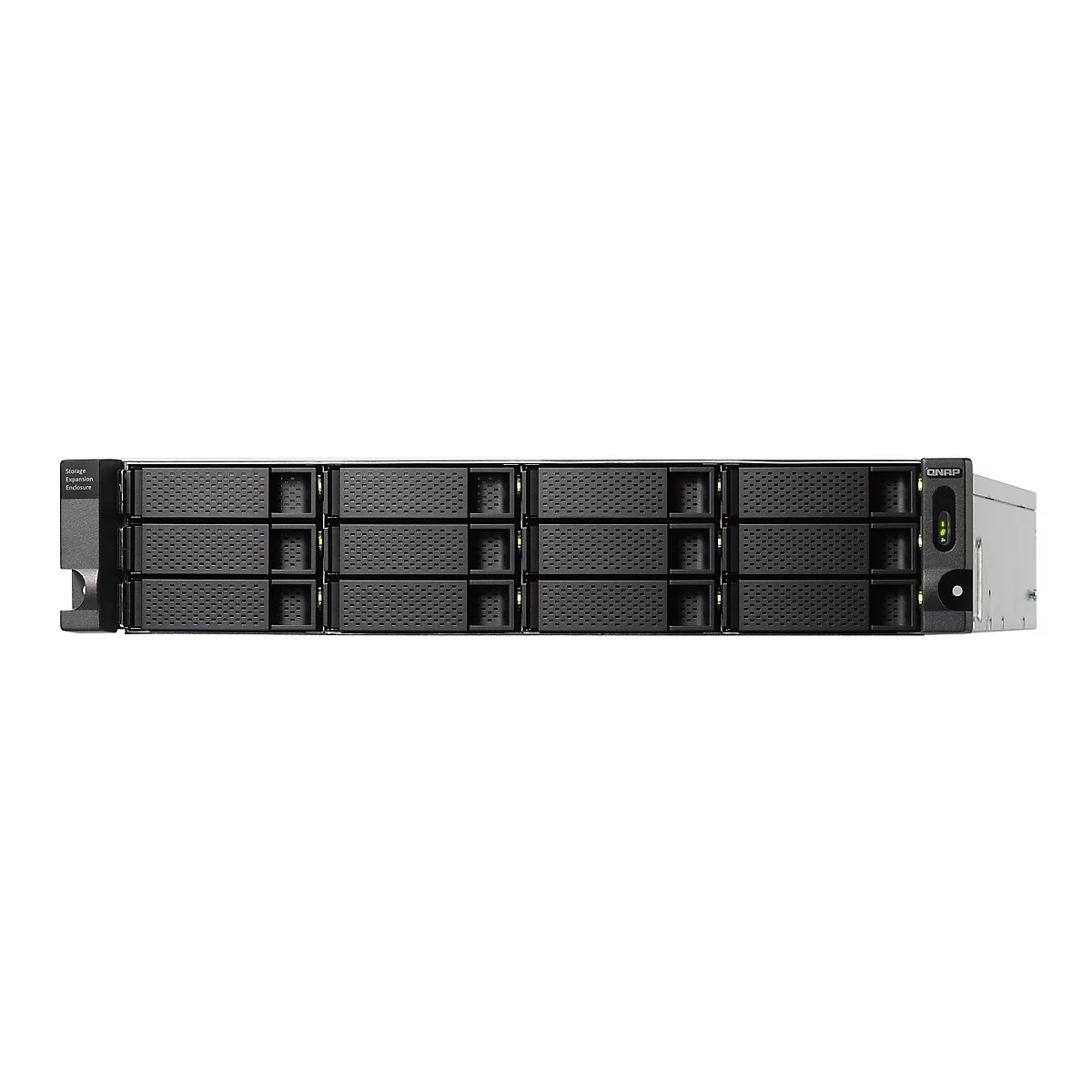 Ein schwarzes QNAP-NAS-Gerät, mit vielen Einschüben für Festplatten, vor weißem Hintergrund. Auf der linken Seite steht "Storage Expansion Enclosure".