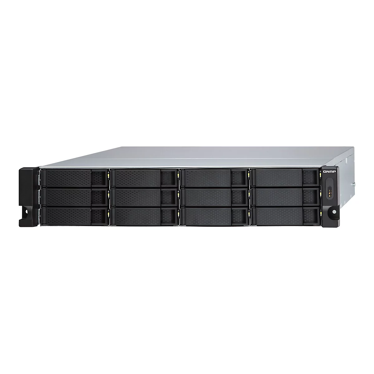 Un systÃ¨me NAS argentÃ© avec des baies de disques noires, sur fond blanc.
