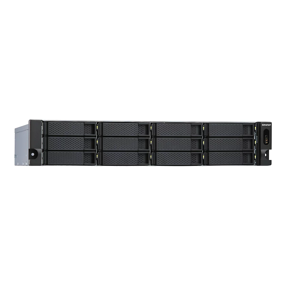Un rack serveur noir avec plusieurs baies et le nom de la marque.