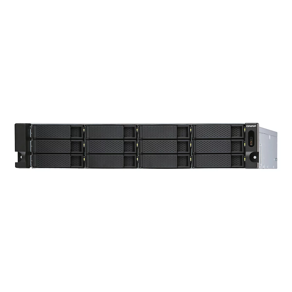 Ein NAS-Server, Frontansicht. Schwarze Front mit mehreren Einschüben, darunter eine Anzeige und das QNAP-Logo.