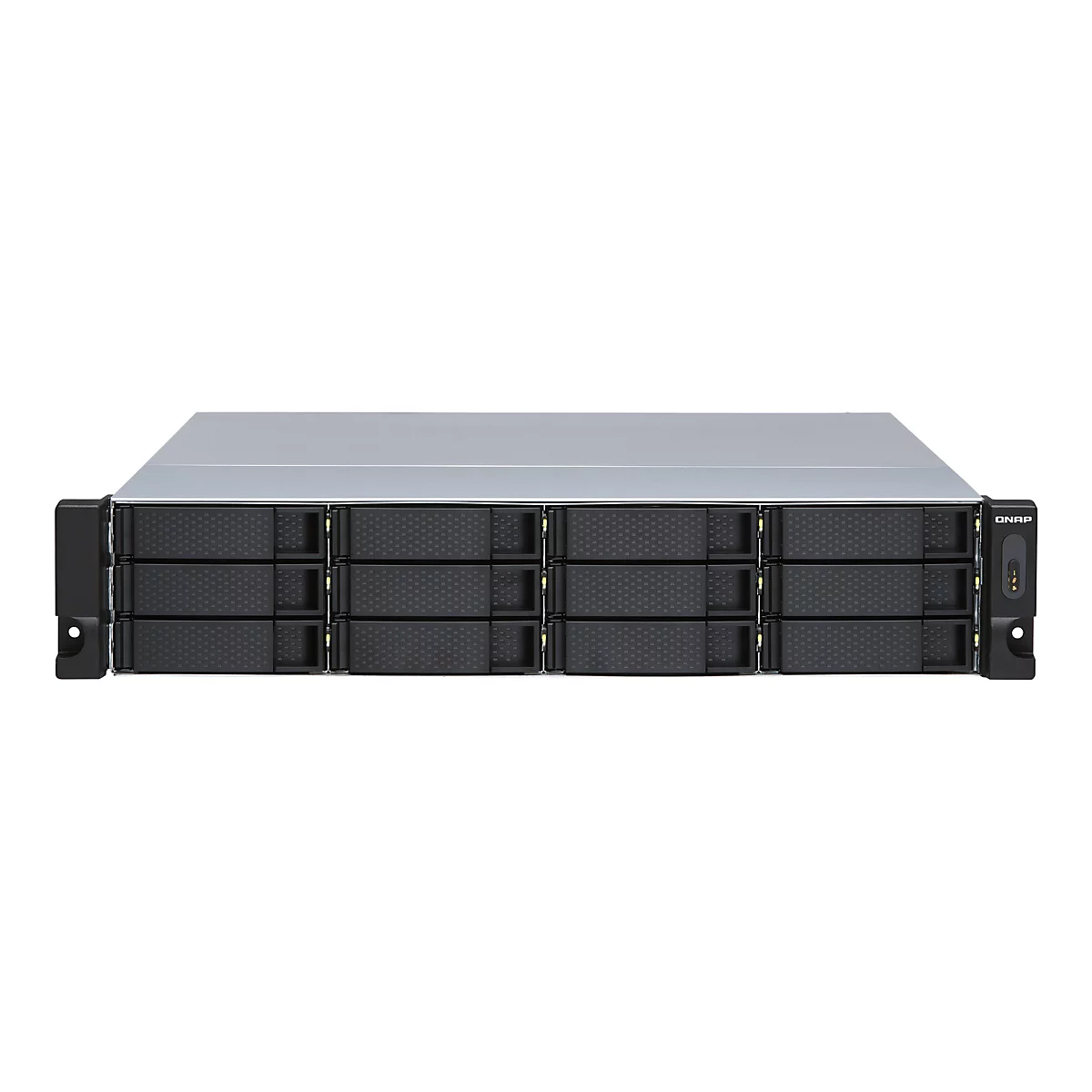 Ein Serverschrank mit schwarzen LaufwerksschÃ¤chten. Oben silber, unten schwarz.