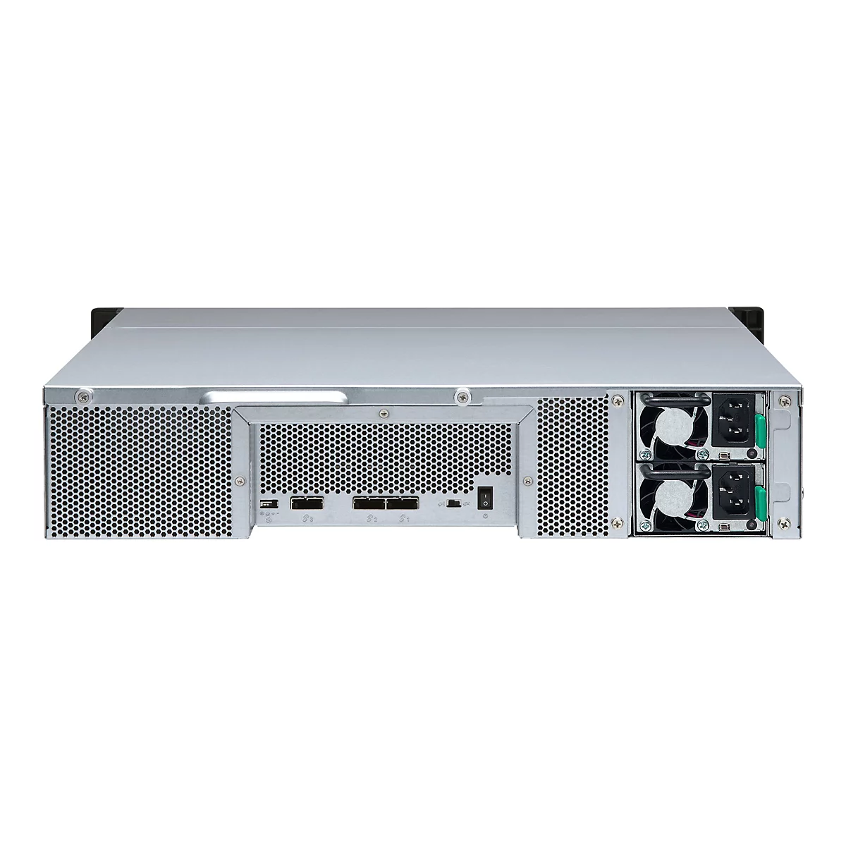 RÃ¼ckansicht eines silberfarbenen Servers. Sichtbar sind LÃ¼fter, AnschlÃ¼sse und StromanschlÃ¼sse. Ein Griff ist oben befestigt.