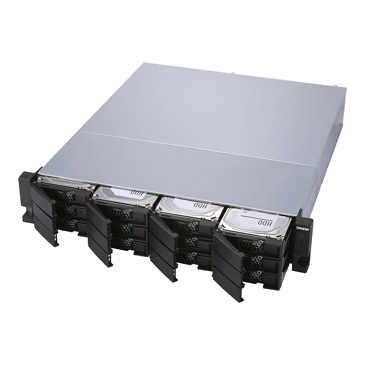 Ein offenes Server-GehÃ¤use mit Festplatten. Schwarze GehÃ¤use sind in der Front angebracht.