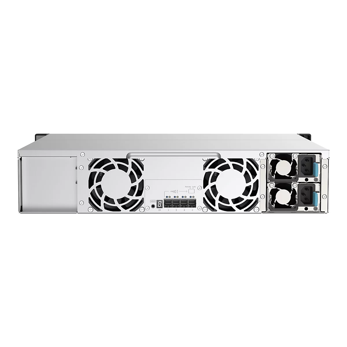 RÃ¼ckansicht eines silberfarbenen Servers mit LÃ¼ftern und AnschlÃ¼ssen.