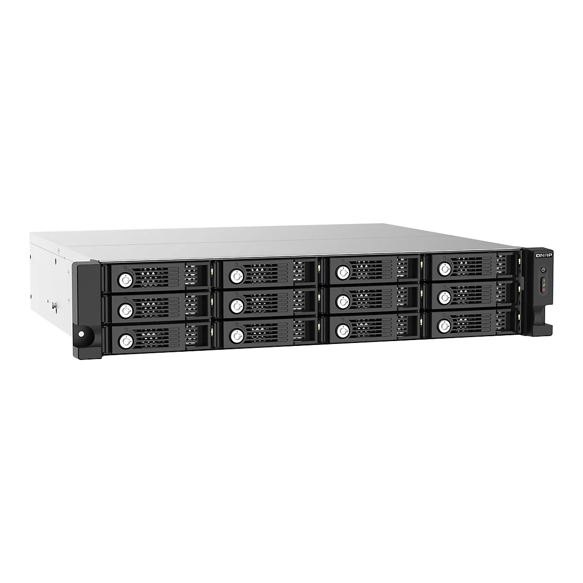 Schwarzes Server-Rack vor weiÃŸem Hintergrund. Das GerÃ¤t hat mehrere EinschÃ¼be fÃ¼r Festplatten.