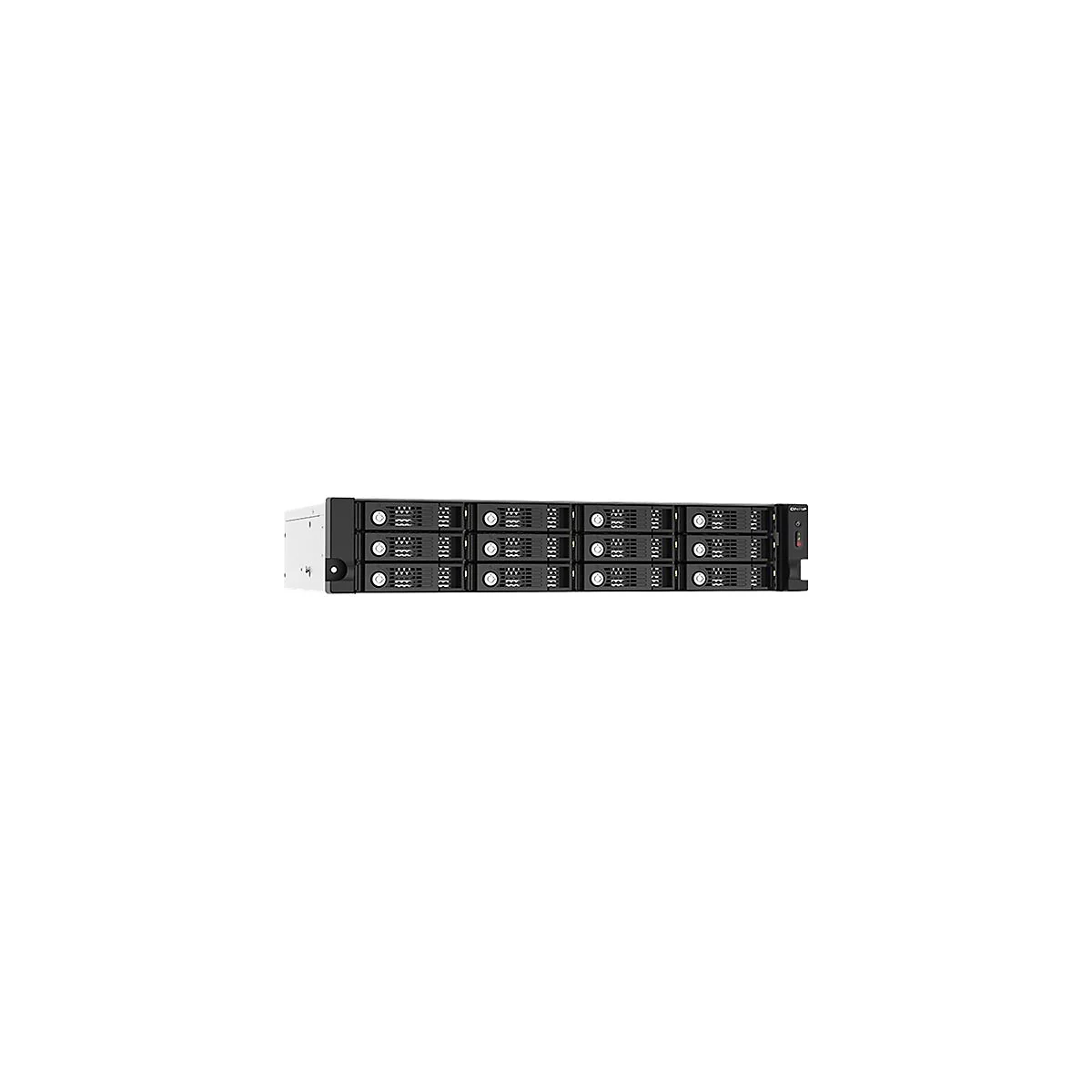 Ein schwarzes Server-Rack mit mehreren EinschÃ¼ben fÃ¼r Festplatten vor weiÃŸem Hintergrund.