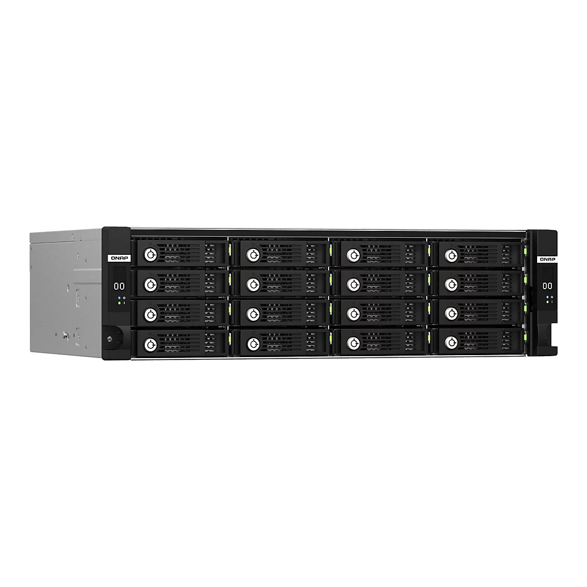 Un serveur QNAP noir se tenant sur un fond blanc. Il possède de nombreux emplacements pour disques durs, un écran avec le numéro "00" et le logo "QNAP".