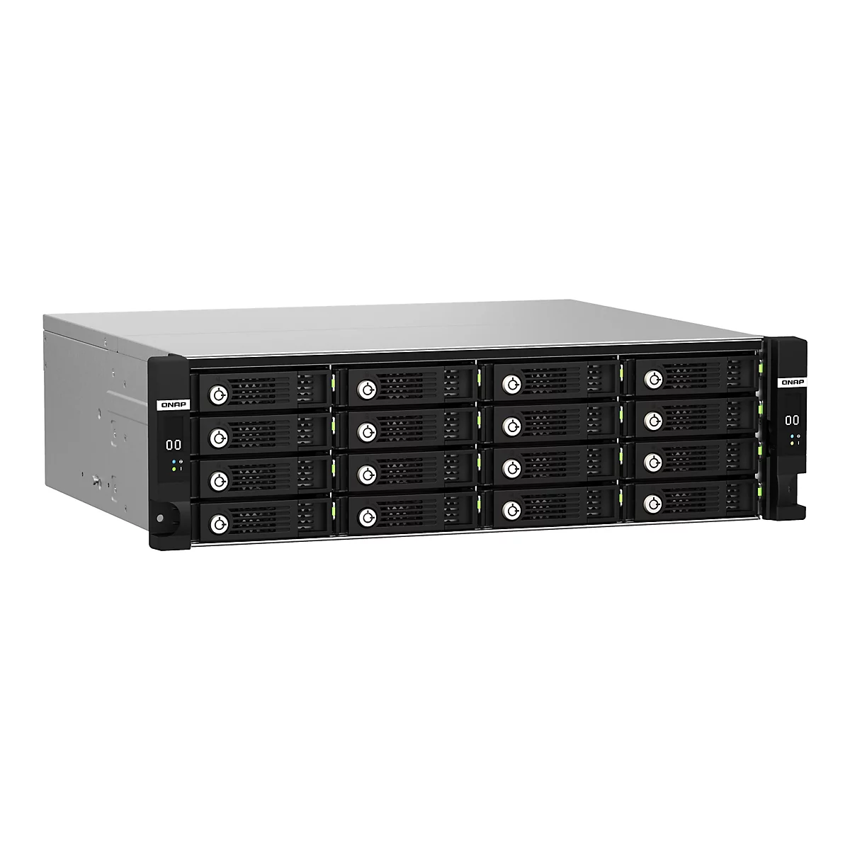 Un serveur NAS QNAP gris avec de nombreux emplacements pour disques durs, des bordures noires et des LED vertes, sur fond blanc.