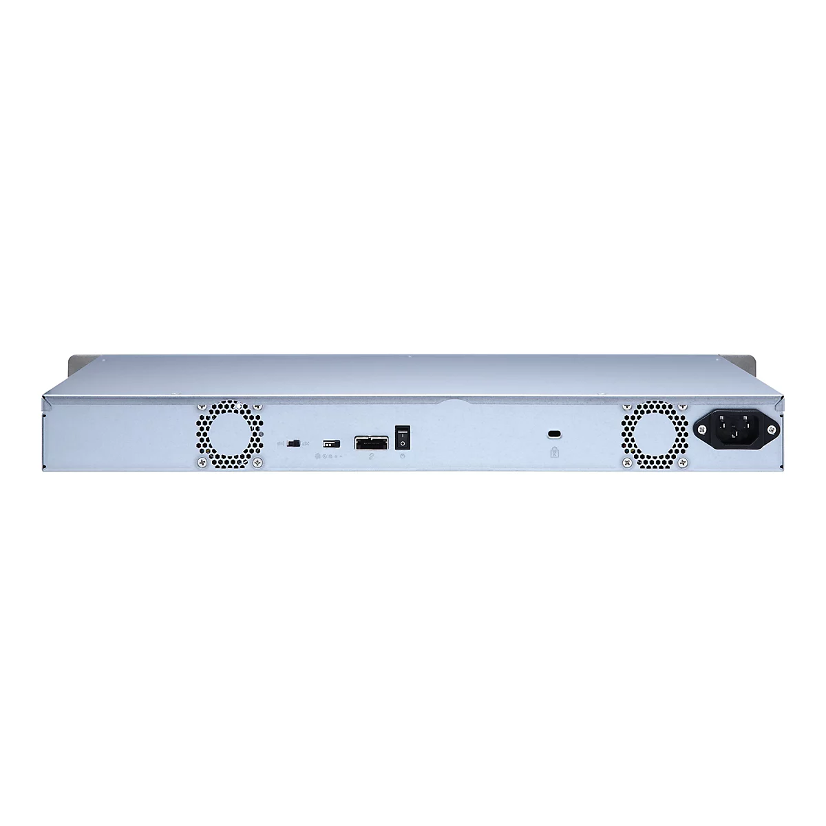 Vue arriÃ¨re d'un serveur argentÃ© avec ventilateurs, ports et connecteur d'alimentation.