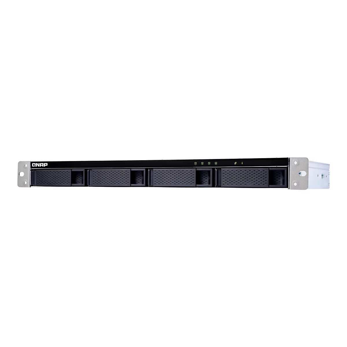 Serveur noir sur fond blanc. Marque QNAP en haut, quatre baies de disques en dessous et voyants.