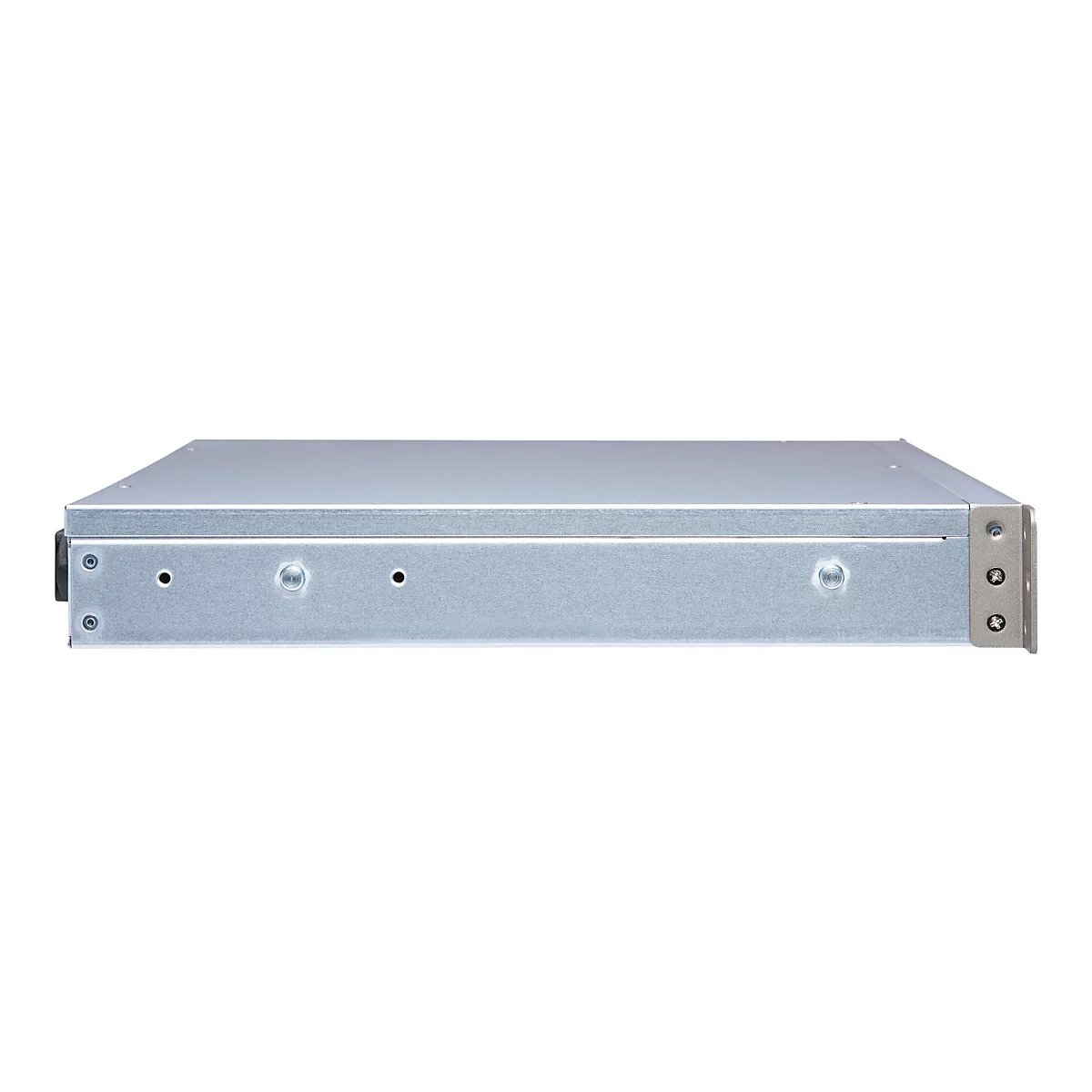 Graues MetallgehÃ¤use eines Servers, seitliche Ansicht auf weiÃŸem Hintergrund. Mit LÃ¶chern und Schrauben.