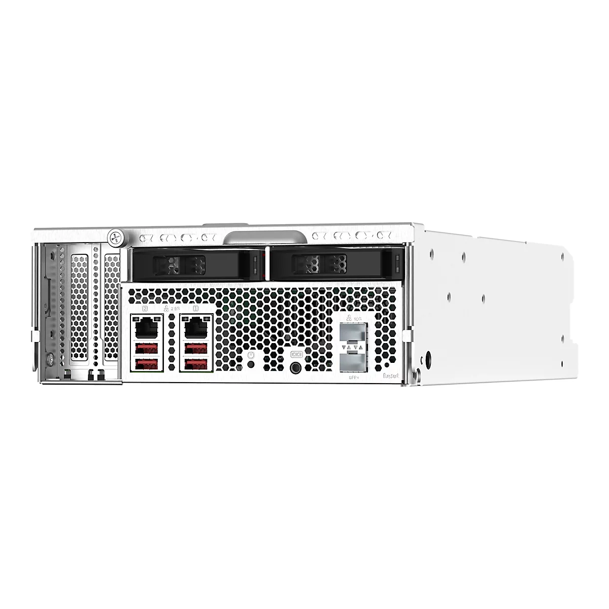 Hellgraues Server-Rack mit Steckplätzen, Anschlüssen und Lüftern, auf weißem Grund. Die Rückseite zeigt verschiedene Anschlüsse, einschließlich Ethernet und SFP+.