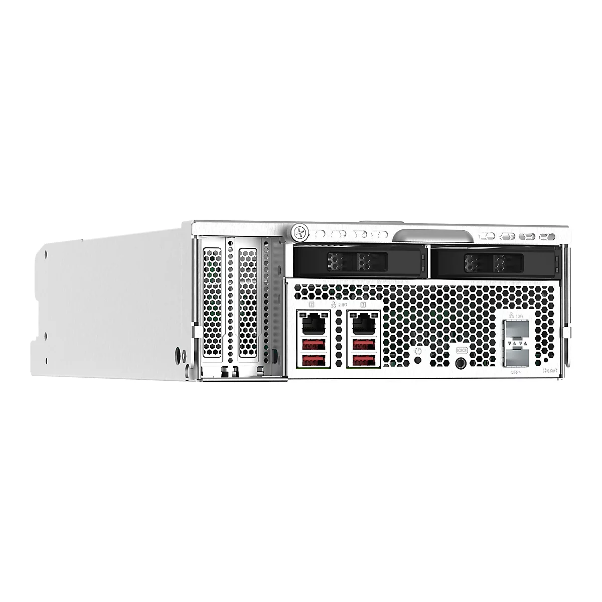 Ein Server-Rack von hinten gesehen. Er ist in hellem Grau gehalten und weist zahlreiche Lüftungsschlitze, Anschlüsse und den Schriftzug Reset auf.