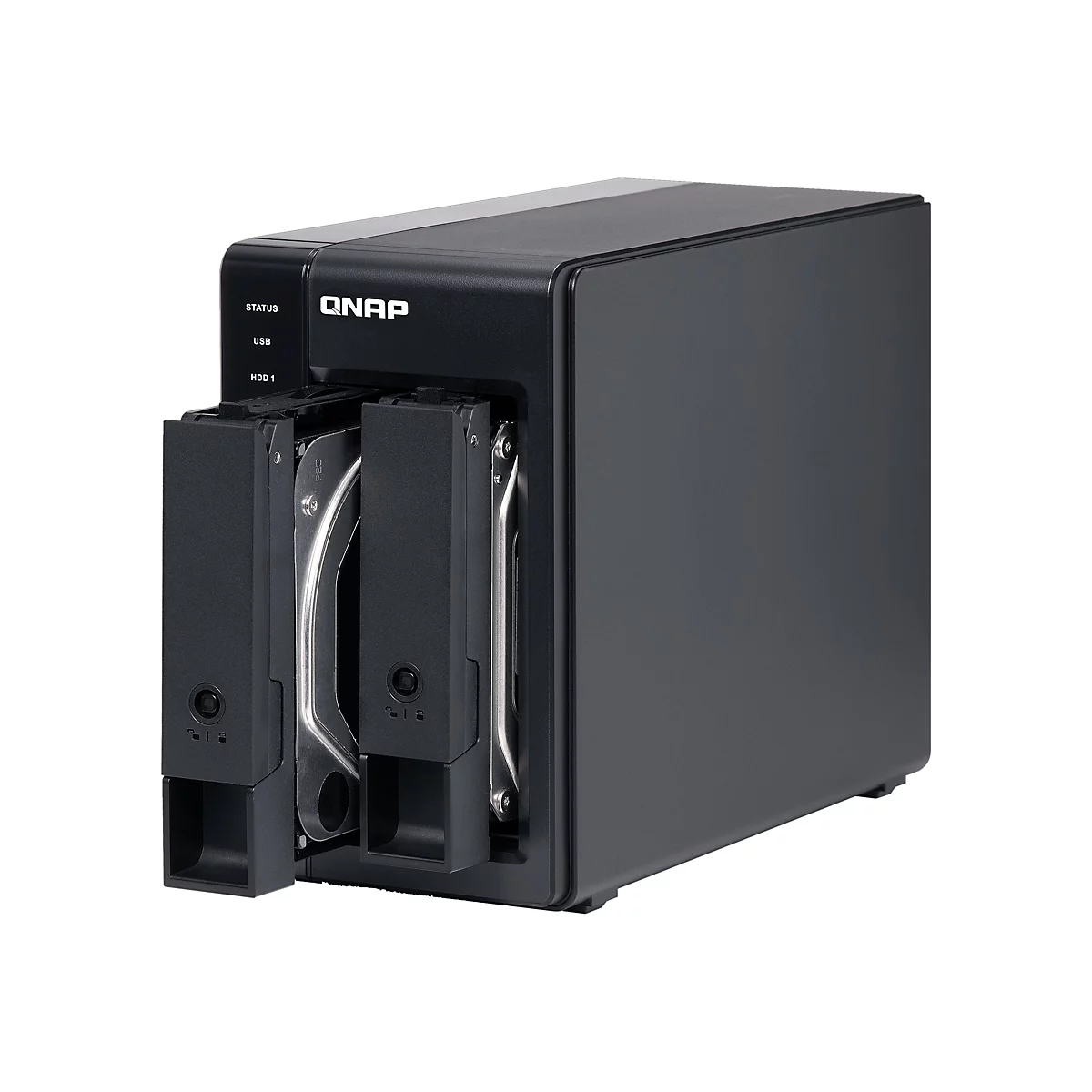 Appareil NAS noir avec deux emplacements pour recevoir des disques durs. Lettrage QNAP en haut Ã  gauche.
