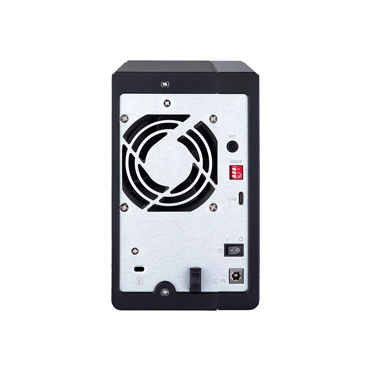 Rückseite eines schwarzen NAS-Geräts. Mit Lüfter, Schaltern, USB-Anschluss und Ein-/Ausschalter.