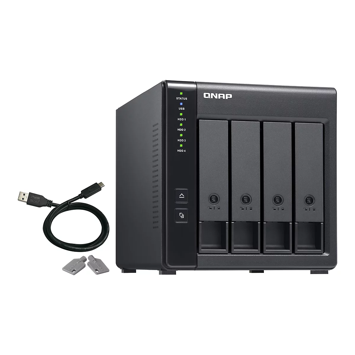 Un système NAS QNAP noir avec quatre baies pour disques durs. Comprend un câble USB et deux clés.