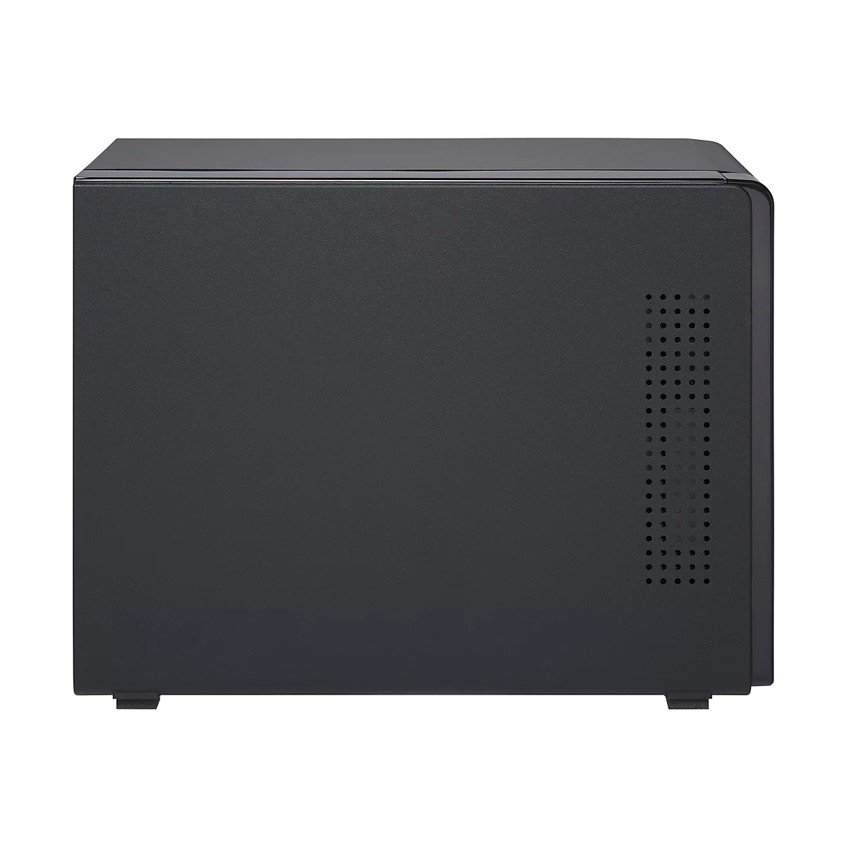 Boîtier NAS gris foncé avec ventilation perforée. Dessus et dessous noir brillant.