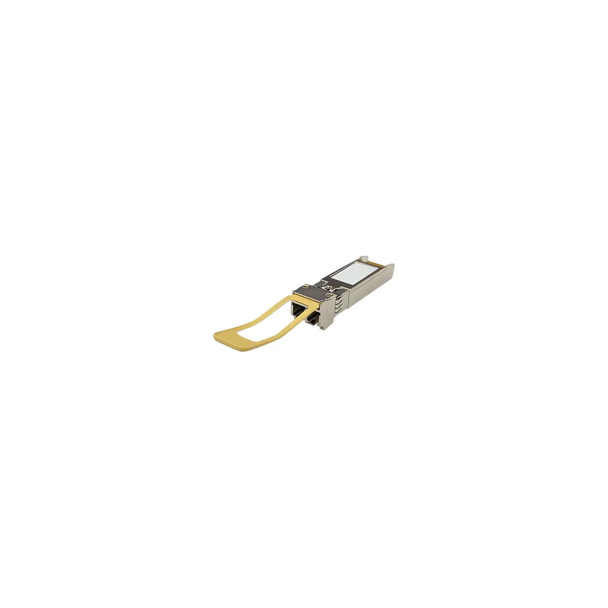 Ein SFP-Modul mit goldfarbenem Zugbügel, vor weißem Hintergrund. Das Modul hat eine Metallstruktur mit einem kleinen rechteckigen Sichtfenster.
