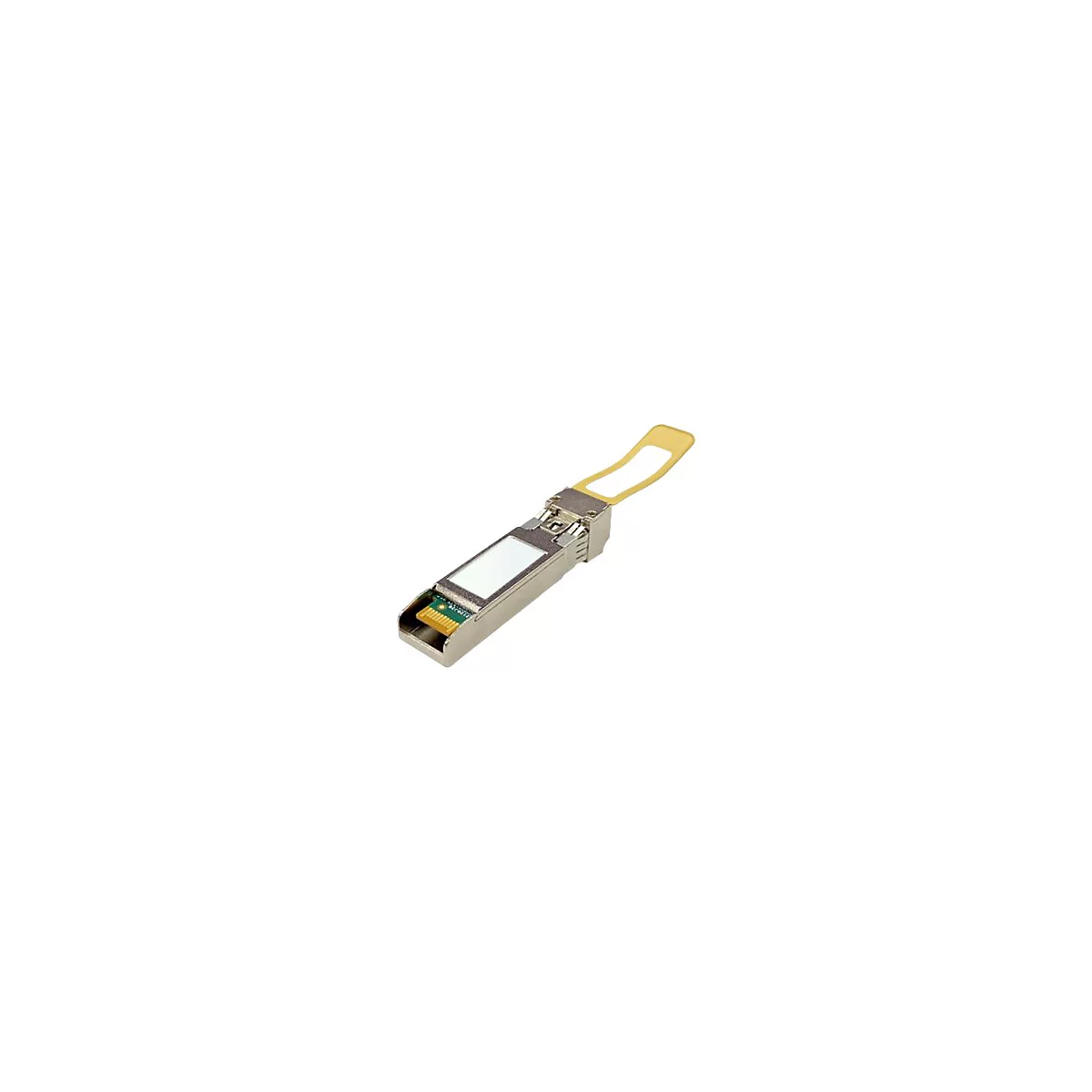 Ein silberner SFP-Transceiver vor weißem Hintergrund. Mit einem gelben Griff und einem rechteckigen Chip-Anschluss.