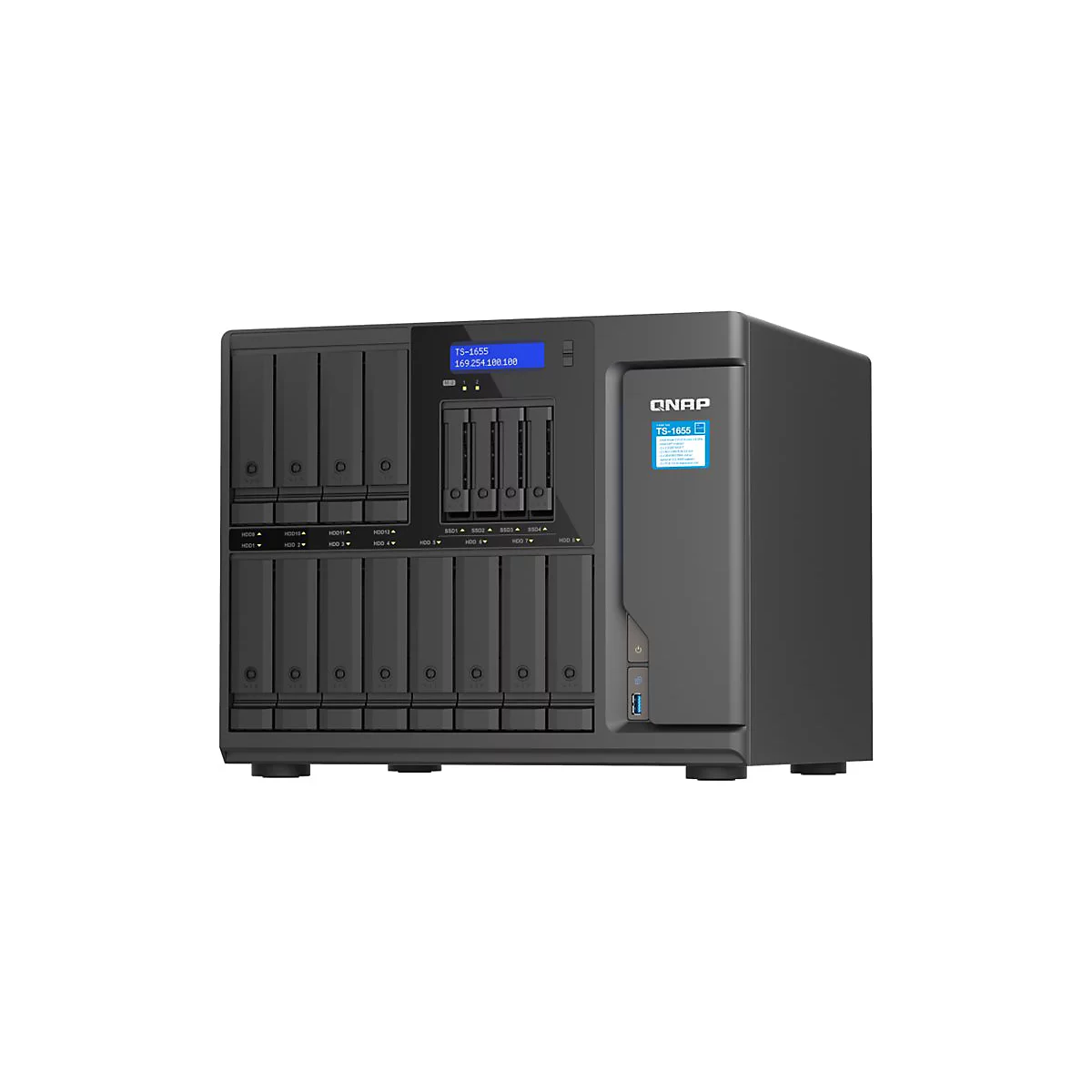 Un système NAS QNAP TS-1655 noir avec plusieurs baies de disques durs et un écran.