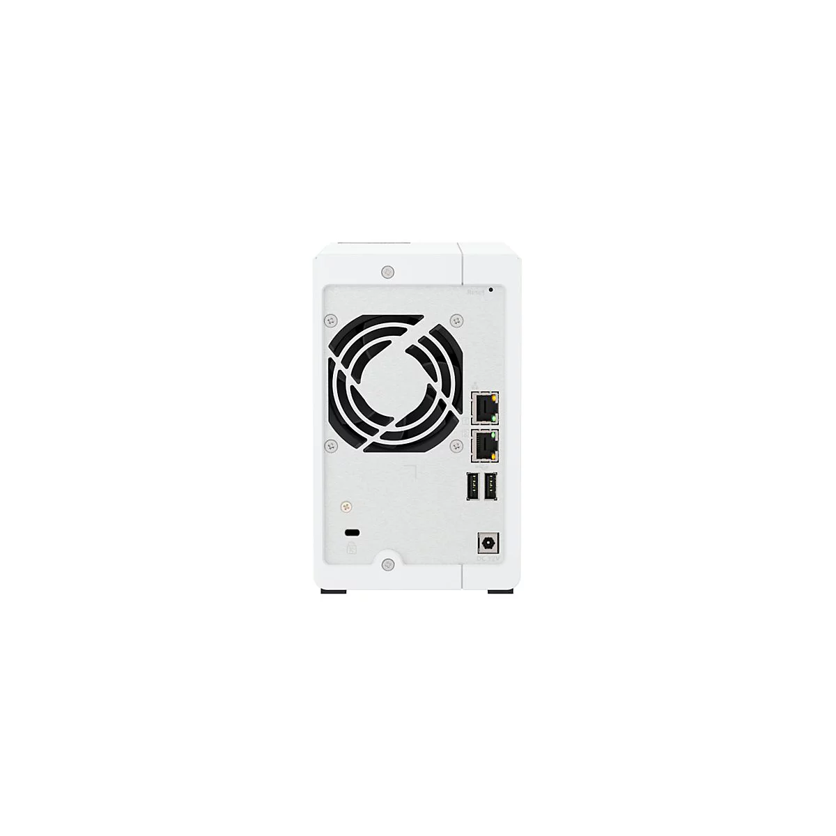 ArriÃ¨re d'un appareil NAS blanc. Un ventilateur, des ports rÃ©seau et un port d'alimentation sont visibles.