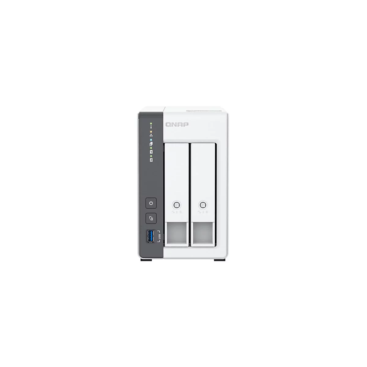 Appareil NAS QNAP: BoÃ®tier blanc avec deux baies pour disques durs, panneau latÃ©ral sombre avec ports et indicateurs LED. Le logo QNAP est en haut.