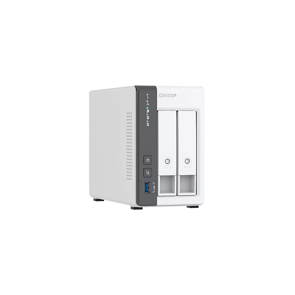 Appareil NAS QNAP blanc avec deux baies. Bande noire avec port USB et indicateurs LED.
