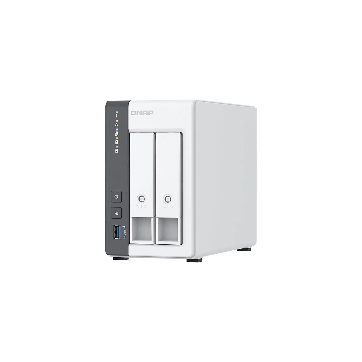 Système NAS QNAP blanc avec deux baies pour disques durs, port USB et indicateurs LED.