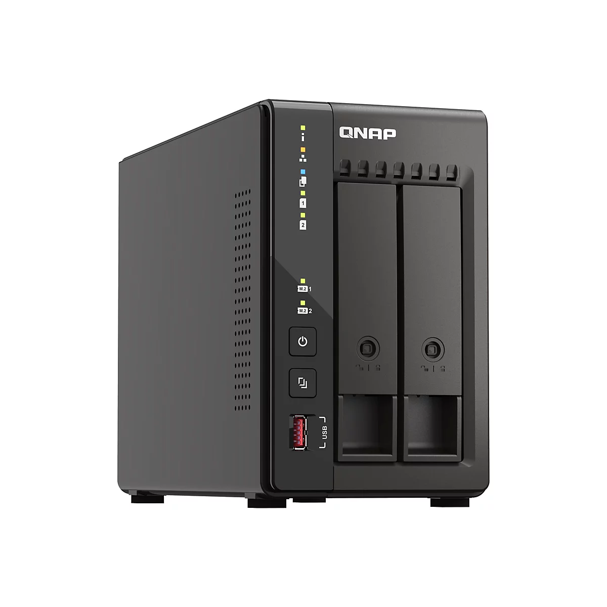Schwarzes NAS-System, QNAP-Logo. Es hat zwei Einschübe, mehrere LEDs und einen USB-Anschluss.