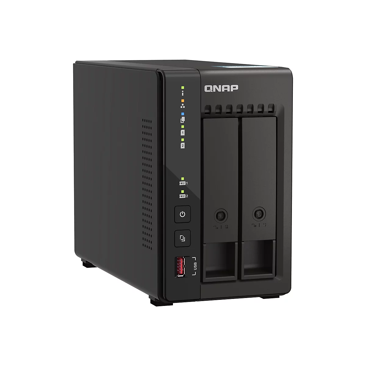 Schwarzer QNAP NAS-Server mit zwei Einschüben. Er hat eine Reihe von Statusanzeigen und Knöpfen auf der Vorderseite. Der Markenname "QNAP" ist aufgedruckt.