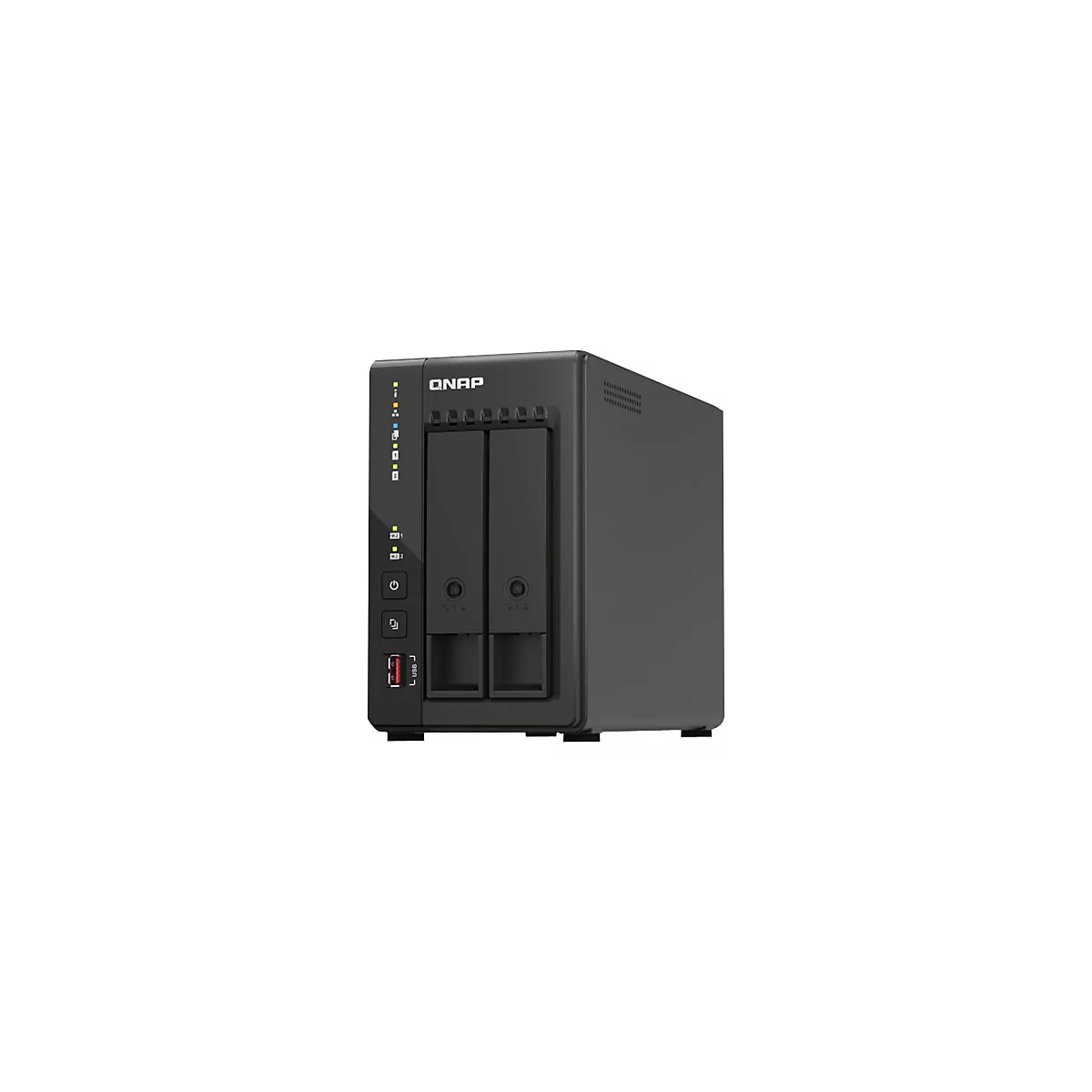 Schwarzer QNAP NAS-Server, Frontansicht. Mit Einschaltknopf, USB-Anschluss und zwei Einschüben. Oben: QNAP-Logo, Funktionsanzeigen.