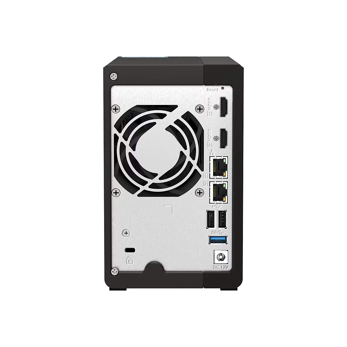 Die Rückseite eines schwarzen NAS-Servers mit einem Lüfter, Anschlüssen und HDMI-Ports. Auf silbernem Hintergrund sind Anschlüsse deutlich sichtbar.