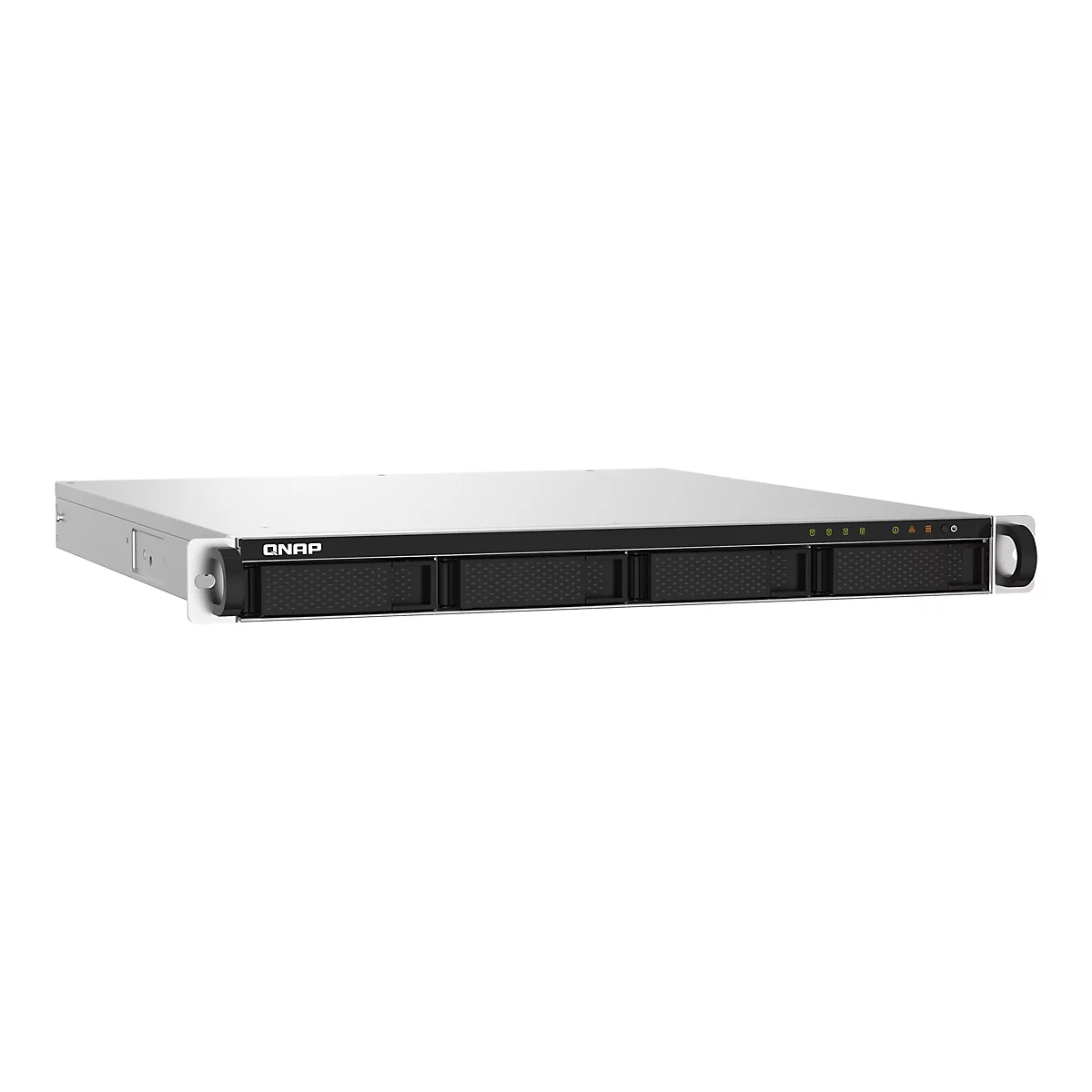 QNAP NAS-Server in Grau, mit vier FestplatteneinschÃ¼ben und der Aufschrift QNAP.