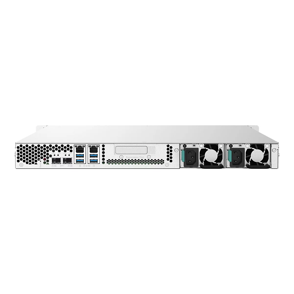 RÃ¼ckseite eines weiÃŸen Servers. Er hat LÃ¼fter und verschiedene AnschlÃ¼sse. In der Mitte ein rechteckiger Bereich.