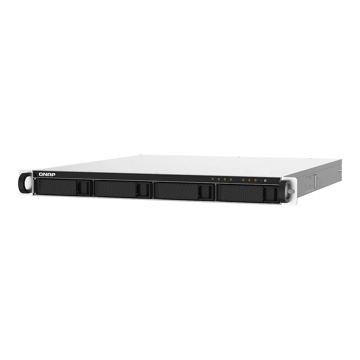 Appareil NAS QNAP avec quatre baies de lecteur. Design noir et gris avec logo et indicateurs LED.