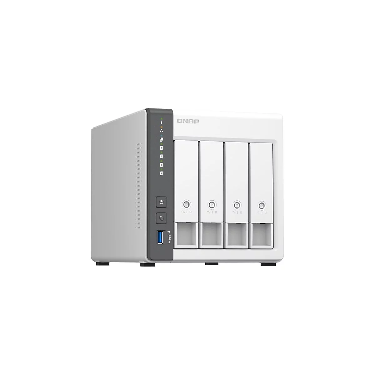 Ein weißes QNAP NAS-Gerät mit 5 Einschüben, schwarzer Seite mit Statusanzeigen und USB-Anschluss.