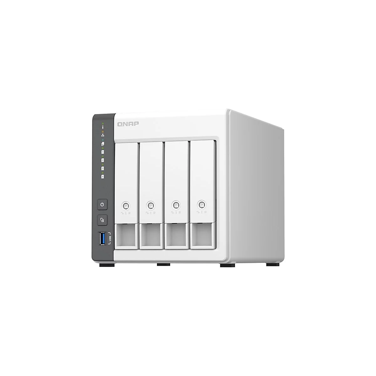 Ein weißer QNAP NAS-Server mit vier Einschüben. Auf der linken Seite befinden sich eine Reihe von LEDs und eine USB-Buchse.