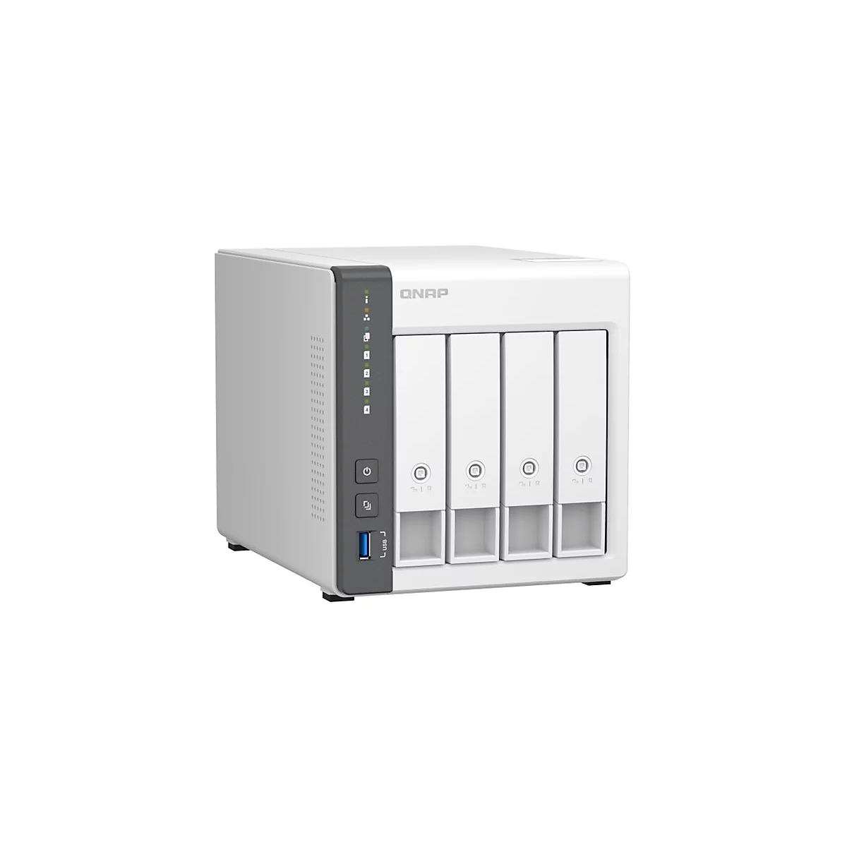 Weißes QNAP NAS-Gehäuse mit vier Festplatteneinschüben und USB-Anschluss auf der Vorderseite.