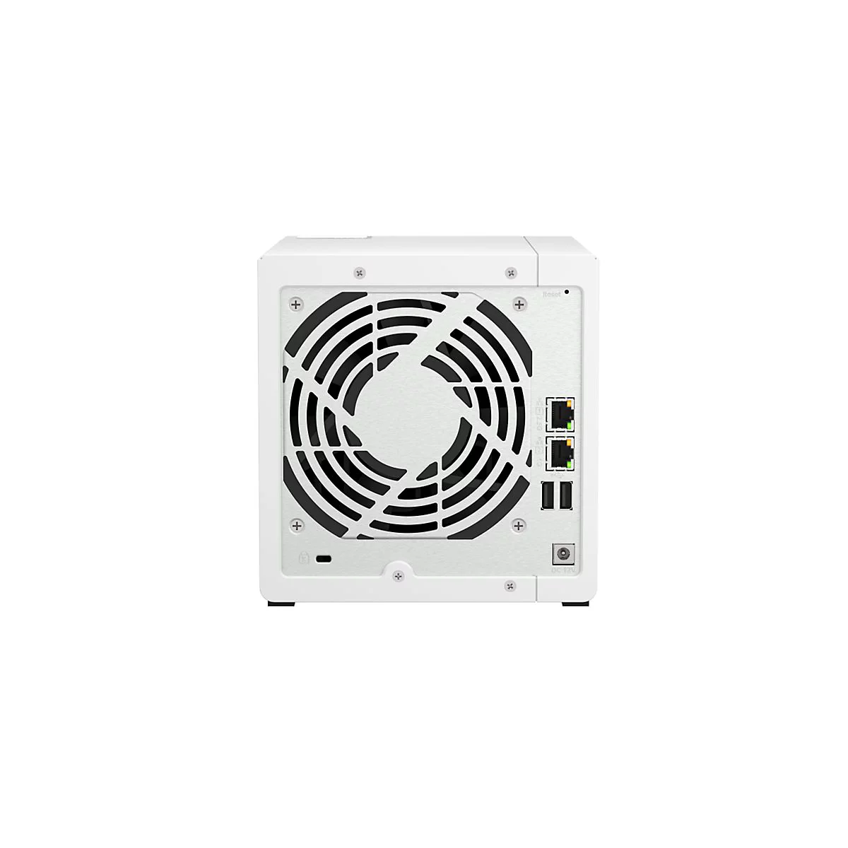 Un appareil NAS blanc. Le dos montre un ventilateur, des ports réseau et un connecteur d'alimentation.